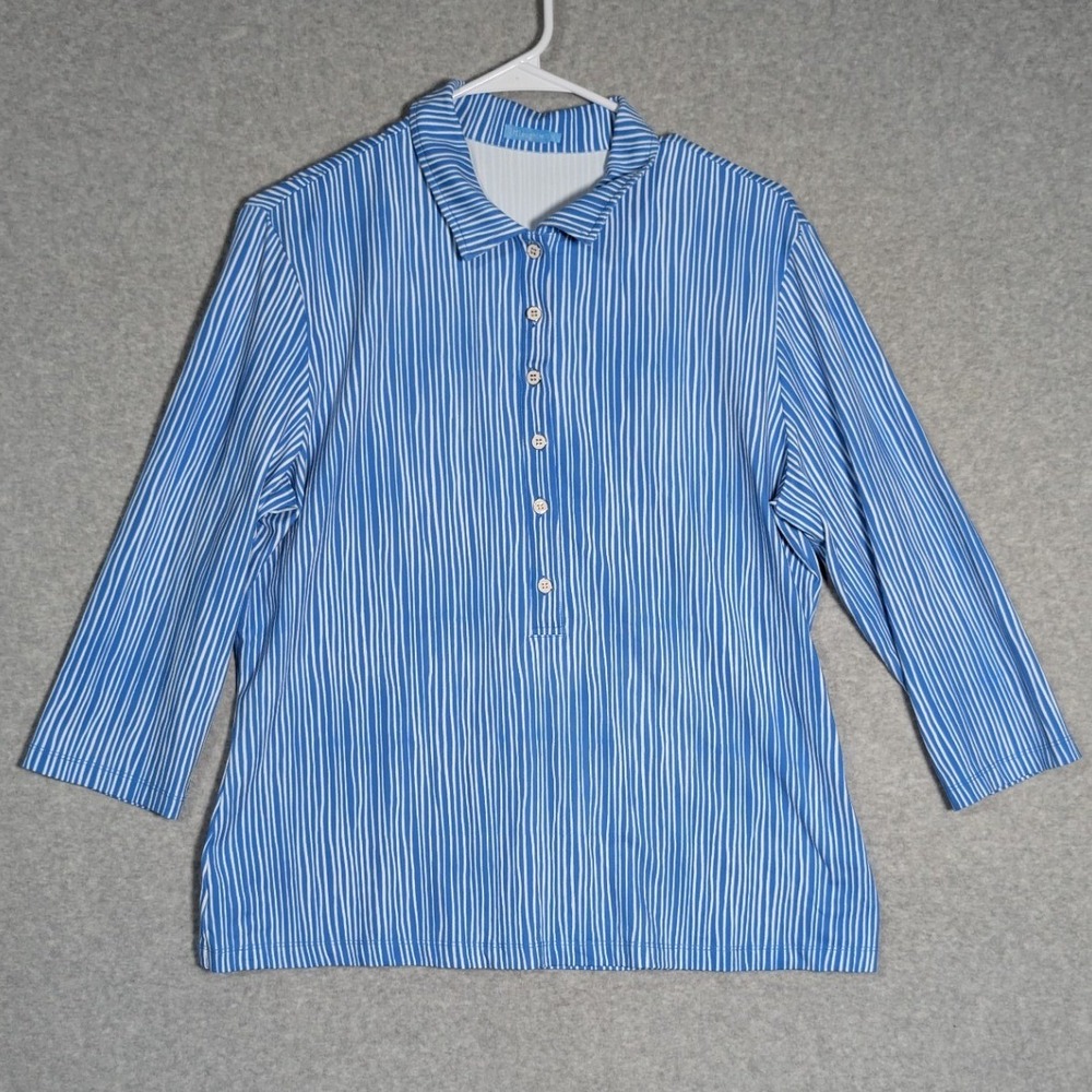 J.McLaughlin Polo Shirt Women XL Blue White‎ Striped 3/4 Sleeve Stretch Stretch